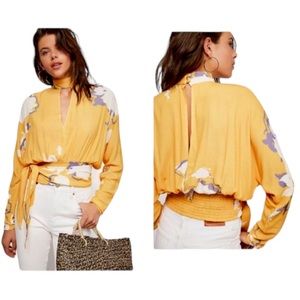 Free People Say You Love Me Yellow Floral Tie Smocked Waist Top NEW SIZE SMALL